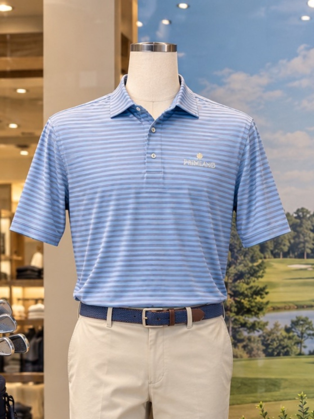 Primland Polo - Tech Fabric - Light / Dark Blue Stripe - Size Large